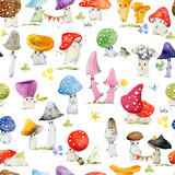 Fototapeta Zwierzęta - Hand Drawn Seamless Waterco Pattern with Cute Kawaii Mushrooms. Cute drawing doodle cartoon characters. Design for scrapbooking, paper goods, background, wallpaper, fabric 