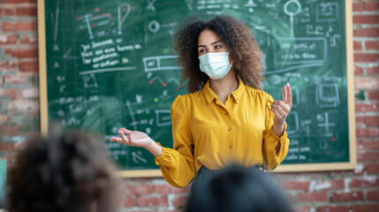 Wall Mural - teacher with curly hair, wearing a yellow blouse and a medical mask, is gesturing while teaching in front of a chalkboard with mathematical and scientific diagrams