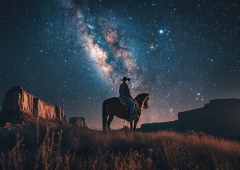 Western cowboy riding his horse in the desert with a stunning backdrop of the milky way galaxy