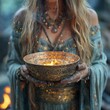 Woman holding a bowl with ethereal flames