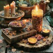 Rustic candle setting with dried flowers