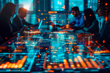 A team of consultants implementing digital transformation strategies for businesses. A group of people are sitting around a table looking at a computer screen