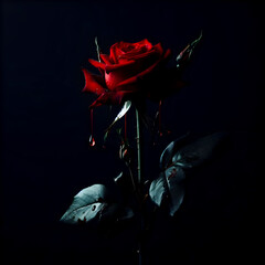 A red rose, long stem, withered, a drop of blood on the rose petal, on a black background, no light, no shadow.