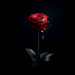 Wall Mural - A red rose, long stem, withered, a drop of blood on the rose petal, on a black background, no light, no shadow.