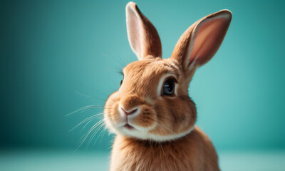 Wall Mural - Lovely brown bunny easter rabbit stand on color studio background. Cute fluffy rabbit. Lovely small pet with beautiful bright eyes. Concept of Pascha, Resurrection Sunday, Christian cultural holiday