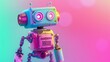 A toy robot stands confidently in front of a vibrant colorful background