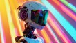 A robot stands in front of a vibrant multicolored background