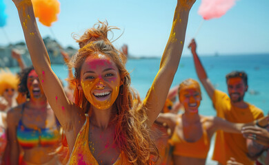 Wall Mural - Happy Woman with colorful face enjoy at holi color festival, There is empty space for text on the top of the photo,