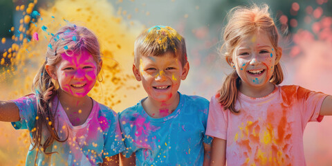 Wall Mural - Happy children with colorful face enjoy at holi color festival