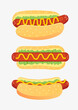 vector set of hot dog, fast food, hot dog bun, lettuce leaves, tomato, cucumber, onion, pepper slices, mustard and ketchup.