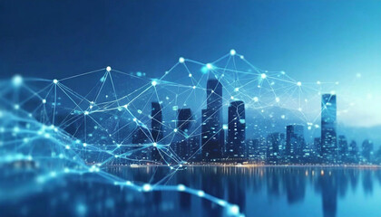 Smart city concept with abstract dot points and gradient lines connecting intricate wave design. Big data technology and AI modern buildings.