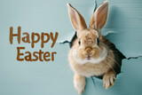 Fototapeta Zachód słońca - The Easter bunny makes a hole in a blue background. Easter background with greeting text.