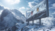 Riesige Werbetafel für Wintersport auf dem höchsten Gipfel Alpenpanorama Marketing für Outdoor Winter Urlaub und Winterkleidung Generative AI