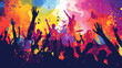 Musikfestival Werbung Plakat abstrakt und bunt in neonfarben mit feiernden Menschen Generative AI