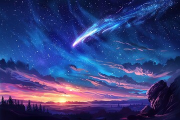 Wall Mural - Abstract illustration of a bright comet in the night starry cloudy sky flies over a forest valley to sunrise