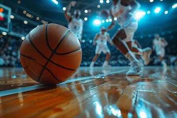 Closeup of basketball players dribbling the ball on an indoor court, with blurred fans in the background.