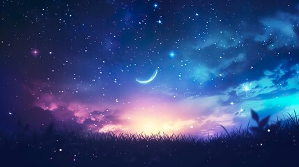 Wall Mural - Sky background at night with bright stars The image of the dark sky filled with stars is beautiful and magical. Simulated and realistic images of memories of a night with a hazy sky and bright stars.