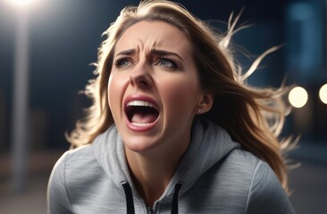 Wall Mural - upset Caucasian woman screaming, crying in pain. shock and emotional breakdown, depression.