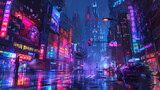 Abstract cyberpunk streets illustration futuristic city at night, skyscrapers and neon lights glow