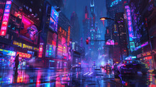 Abstract cyberpunk streets illustration futuristic city at night, skyscrapers and neon lights glow