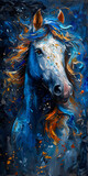 A stunning painting of a horse with a long mane in shades of blue and orange, showcasing incredible artistry and creativity in the depiction of this majestic organism