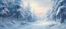 A Winter Wonderland With Snowcovered Trees And A Frostcovered Road Cutting Through The Snowy Forest Landscape Under The Freezing Sky