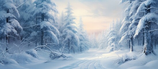 Sticker - A winter wonderland with snowcovered trees and a frostcovered road cutting through the snowy forest landscape under the freezing sky