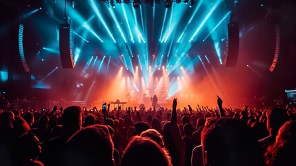 Canvas Print - a crowded concert hall with scene stage lights , rock show performance, with people silhouette, on d