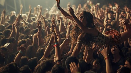 Canvas Print - a crowded concert hall with scene stage lights , rock show performance, with people silhouette, on d