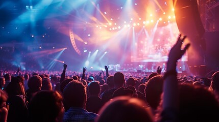 Wall Mural - A crowded concert hall with scene stage lights , rock show performance, with people silhouette, on dance floor air during a concert festival