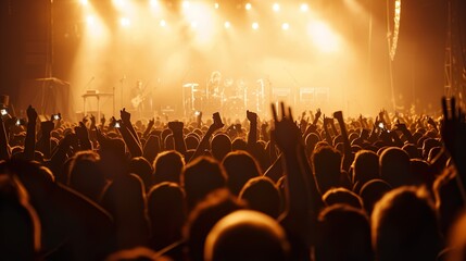 Canvas Print - a crowded concert hall with scene stage lights , rock show performance, with people silhouette, on d