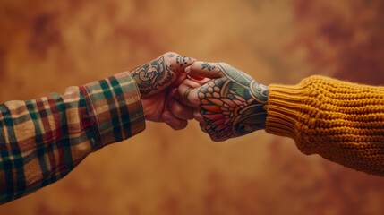 Canvas Print - two people are shaking hands, with the focus on their hands which are decorated with colorful tattoos.