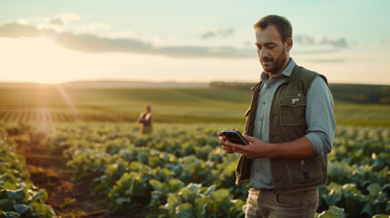 Sticker - person in a field using a tablet with another person in the background, presumably engaged in agricultural activities.