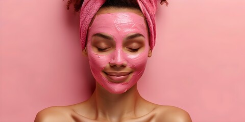 Wall Mural - Beautiful young woman using pink clay mask to cleanse and pamper skin . Concept Skincare Routine, Beauty Products, Self-care, Facial Treatments, Spa Day