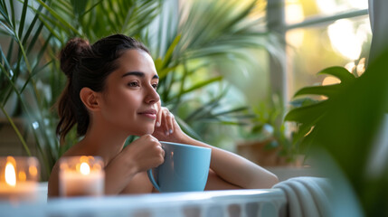 Canvas Print - A serene woman in a bathrobe is enjoying a relaxing bath while holding a blue mug, with candles lit in the background for a peaceful home spa experience.