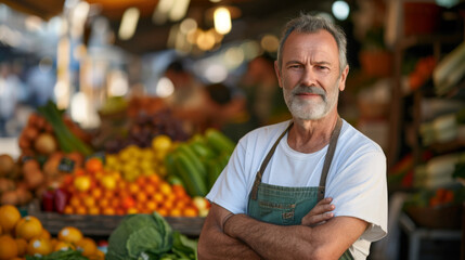 Sticker - portrait of a cheerful, bearded elderly man with white hair and a mustache, standing with his arms crossed in front of a market stall filled with fresh fruits and vegetables