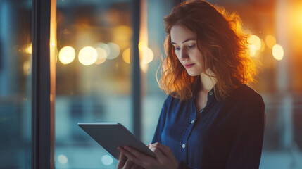 Wall Mural - young woman with curly hair is using a tablet in an office or urban setting with evening lights in the background.