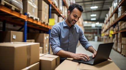 Canvas Print - Man is working on a laptop in a warehouse, surrounded by shelves stocked with boxes, likely managing inventory or processing orders.