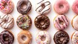 A mouthwatering scene unfolds, showcasing a delectable assortment of donuts against a pristine white backdrop. From classic chocolate glazed to colorful