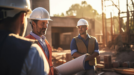 Wall Mural - Group of construction workers, wearing hardhats and safety vests, are engaged in a meeting with blueprints at a construction site.