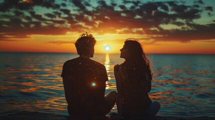 Wall Mural - couple sitting on the beach at sunset