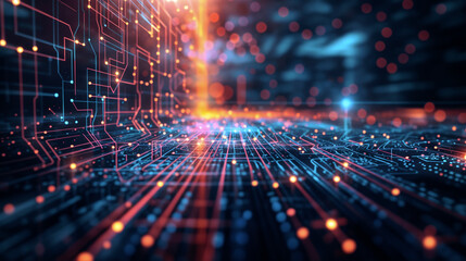 Wall Mural - onceptual digital landscape with vibrant, glowing circuit lines and data streams, representing advan
