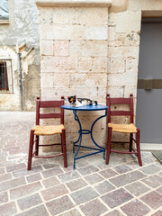 Wall Mural - Chania Old Town, Crete island Greece. Calico cat is laying on table, chair on paved alley. Vertical