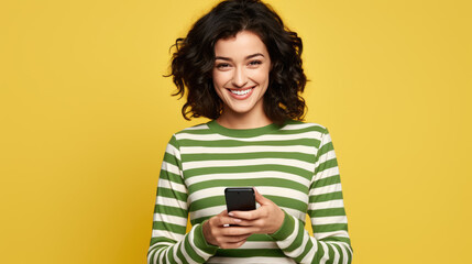 Wall Mural - Woman is using a smartphone, wearing a striped sweater against colored background