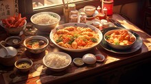 Assorted Chinese Food Set. Chinese Noodles, Fried Rice, Dumplings, Duck, Dim Sum, Spring Rolls. Famous Chinese Cuisine Dishes On Table. Top View. Chinese Restaurant Concept. Asian Style Banquet