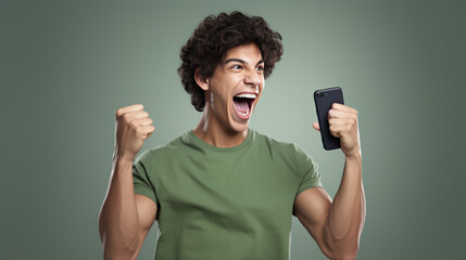 Sticker - Young man with his fists raised in a victorious gesture, and a broad, joyful smile on his face, likely celebrating a success or win.