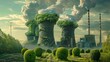 a solar plant and nuclear power plant overgrown with green branches and trees, topiary art, 16:9