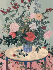 Wall Mural - A realistic painting of a colorful vase filled with various flowers sitting on a wooden table.