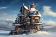 illustration mystical and old fantasy house with snow