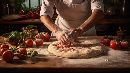 Wall Mural - Pizza making process. Male chef hands making authentic pizza in the pizzeria kitchen.